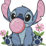 Blue Alien Blowing Bubble Gum Embroidery Design, Cute Cartoon Creature with Pink Flowers Pattern, Playful Summer Machine Embroidery File - Image 3