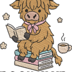 Highland Cow Book Club Embroidery Design, Reading Cow Machine Embroidery File, Cute Cow with Coffee Pattern, Floral Animal Embroidery File - Image 4