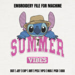 Summer Vibes Embroidery Design, Cute Blue Alien Machine Pattern, Tropical Beach Hat Character File, Vacation Fashion Embroidery for Kids