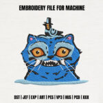 Surreal Blue Cat Embroidery Design, Trippy Animal Embroidery Pattern, Gothic Cat With Bird Embroidery File for Jacket Back, Unique Art File