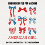 Patriotic Bow Embroidery Bundle, Red White Blue Stars and Stripes Coquette Machine Embroidery Design, American Theme Ribbon Pattern File