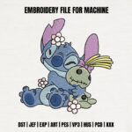 Blue Alien Holding Rag Doll Embroidery Design, Cute Creature with Flowers Machine Embroidery Pattern, Cartoon Friend Embroidery for Kids