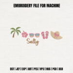 Tropical Summer Beach Embroidery Design, Salty Script Machine Embroidery Pattern, Vacation Theme Embroidery File for Towel, Sun Hat
