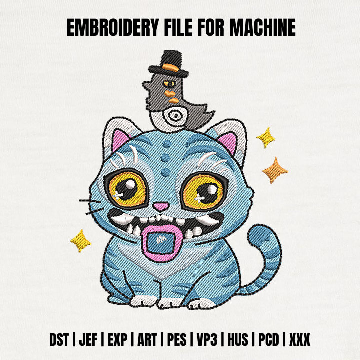cropped-Amo.2025.15.07.019-2.jpg Blue Monster Cat with Bird Embroidery Design, Cute Creepy Creature Machine Embroidery Pattern, Colorful Fantasy Animal File for Children - Image 1