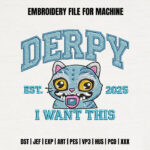 Derpy Blue Monster Cat Embroidery Design, University Style Text Machine Embroidery Pattern, Funny Creature School Spirit Embroidery File