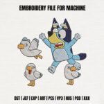 Blue Puppy and Seagulls Embroidery Design, Cartoon Dog at the Beach Machine Embroidery Pattern, Playful Animal Embroidery File for Kids