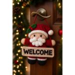 Crochet Santa Door Hanger with WELCOME Sign, Amigurumi Christmas Decor, Handmade Holiday Front Door Ornament, Welcome Gift