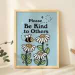 Cute Flowers Poster Print, Vintage Blue Illustration, Bee and Plants Positivity Prints, Be kind Wall decor, Retro 80s Aesthetic, UNFRAMED