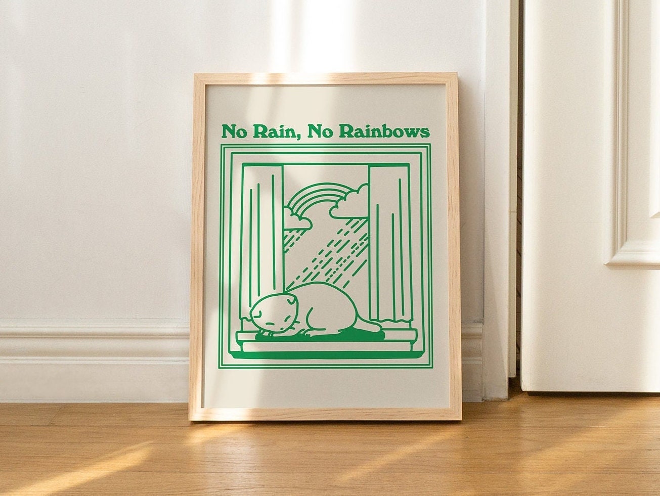 il_fullxfull.4246438139_f14k.jpg Retro Cat Wall Print, Vintage Minimalist Illustration, A3 A4 A2 Prints, Emerald Green Poster, Positive Quote Wall Decor, Positive, UNFRAMED - Image 1