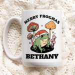 Custom Frog Coffee Mug, Merry Frogmas Ceramic Cup, Frog Lover Gift, Girlfriend Wife Gift Idea, Personalized Christmas Mushroom Mug, Novelty