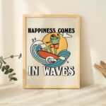 Surfing Frog Wall Print, Retro Happiness Quote, Cute Frog Surf Print, Nautical Ocean Illustration, Self Care Art, Bathroom Prints, UNFRAMED