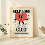 Retro Self Love Club, Vintage Colorful Illustration, Cute Dorm Room Prints, Large Trendy Poster, Groovy 80s, Positive Quote, UNFRAMED