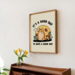 Cat Illustration Wall Print, Happiness Quote, Cute Kids Classroom Posters, Cottagecore Nursery Decor, Green Orange Animal Prints, UNFRAMED - Image 2