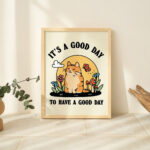 Cat Illustration Wall Print, Happiness Quote, Cute Kids Classroom Posters, Cottagecore Nursery Decor, Green Orange Animal Prints, UNFRAMED