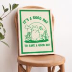 Cat Illustration Wall Print, Happiness Quote, Cute Kids Classroom Posters, Cottagecore Nursery Decor, Green Orange Animal Prints, UNFRAMED - Image 5