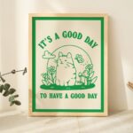 Cat Illustration Wall Print, Happiness Quote, Cute Kids Classroom Posters, Cottagecore Nursery Decor, Orange Green Animal Prints, UNFRAMED