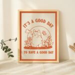 Cat Illustration Wall Print, Happiness Quote, Cute Kids Classroom Posters, Cottagecore Nursery Decor, Green Orange Animal Prints, UNFRAMED - Image 6