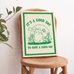 Cat Illustration Wall Print, Happiness Quote, Cute Kids Classroom Posters, Cottagecore Nursery Decor, Orange Green Animal Prints, UNFRAMED - Image 2