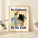 French Cafe Croissant Cat Print, Retro Drink Poster, Bistro Coffee Posters, Un Cafe Sil Vous Plait, Kitchen Decor, Unique Posters, UNFRAMED - Image 2