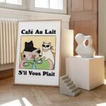 French Cafe Au lait Cat Print, Retro Drink Poster, Bistro Coffee Posters, Un Cafe Sil Vous Plait, Kitchen Decor, Unique Posters, UNFRAMED - Image 2