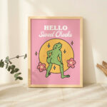 Girly Frog Self Care Wall Print, Positivity Hello Sweet Cheeks, Pink Retro Illustration, Trendy Y2K Poster Prints, Bathroom Decor UNFRAMED