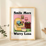 Sausage Dog Home Print, Retro Happiness Poster, Pink Positive Posters, Smile More Worry Less Quote, Living Room Dorm Decor Posters, UNFRAMED