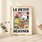 French Cafe Cat Print, Retro Drink Poster, Bistro Coffee Cake Posters, Le Petit Dejeuner Breakfast, Kitchen Decor, Unique Posters, UNFRAMED
