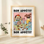 Colorful Cafe Dog Print, Retro Food Poster, Pink Bistro Cake Posters, Bon Appetit French Prints, Kitchen Decor Posters, Bar Prints, UNFRAMED