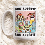 Cafe Dog Bon Appetit Coffee Mug, Doggy Colorful Mug, Dog Lover Gift Idea, Self Care Retro Quote, Pink Gift Mug, Aesthetic Ceramic Cup