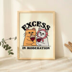 Drunk Cats Wine Print, Retro Drink Alcohol Poster, Cat Excess in Moderation Quote Posters, Unique Funny Prints, Kitchen Bar Decor, UNFRAMED