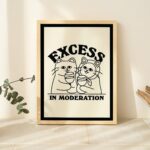 Drunk Cats Wine Print, Retro Drink Alcohol Poster, Cat Excess in Moderation Quote Posters, Unique Funny Prints, Kitchen Bar Decor, UNFRAMED