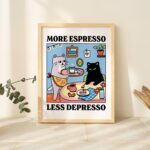 More Espresso Less Depresso Black Cat Wall Print, Coffee Cat Poster, Kitchen Art, Handmade Cat Coffee Poster, Coffee Bar, Unique, UNFRAMED