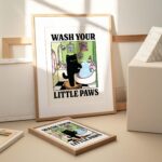 Wash your Paws Green Cat Print, Cute Bathroom Poster, Wash Room Childrens Washing up Posters, Kawaii Prints Decor, Unique Cats Art, UNFRAMED - Image 2