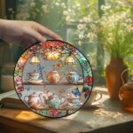 Cottagecore Floral Teacup Shelf Faux Stained Glass Suncatcher, Butterfly Stained Glass,Vintage Tea Lover Acrylic Window Hanging,Gift for Mom