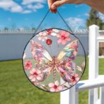 Pink Butterfly Acrylic Suncatcher Window Hanging, Stained Glass Look Floral Decor, Vibrant Mother’s Day Gift For Mom Or Garden Lover