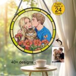 Family Suncatcher Custom Birth flower suncatcher Portrait from photo Pet memorial gift Christmas gift Custom Stained glass Dog memorial gift