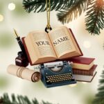 Personalized Writer keychain, Custom Name Book with Typewriter and Ink Set, Unique Gift for Authors Journalists and Book Lovers