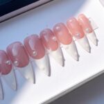 White French Tips Long Stiletto Press On Nail, Luxury Acrylic Nude Fake Nails, Handpainted Birthday Party Nails - Image 5