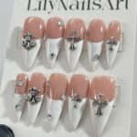 White French Tip with Silver Cross Short Coffin Press on Nail, Custom Acrylic Fake/False Nail, Glue on Nail, Gel Nail Art, Gift For Her/BFF - Image 3
