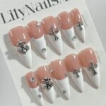 White French Tip with Silver Cross Short Coffin Press on Nail, Custom Acrylic Fake/False Nail, Glue on Nail, Gel Nail Art, Gift For Her/BFF - Image 2