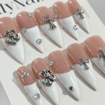 White French Tip with Silver Cross Short Coffin Press on Nail, Custom Acrylic Fake/False Nail, Glue on Nail, Gel Nail Art, Gift For Her/BFF - Image 4
