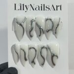 3D Gel Metallic Silver On Milky White Stiletto Press on Nail Goth, Custom Luxury Handpained Gothic Fake Nails, Emo Y2K - Image 3
