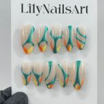 Free Style Blue & Nude Almond Press On Nails, Custom Handpainted Fake Nails, Short Nails for Birthday Party - Image 4