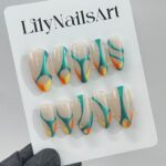 Free Style Blue & Nude Almond Press On Nails, Custom Handpainted Fake Nails, Short Nails for Birthday Party - Image 2