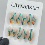 Free Style Blue & Nude Almond Press On Nails, Custom Handpainted Fake Nails, Short Nails for Birthday Party
