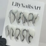 3D Gel Metallic Silver On Milky White Stiletto Press on Nail Goth, Custom Luxury Handpained Gothic Fake Nails, Emo Y2K - Image 2