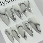 3D Gel Metallic Silver On Milky White Stiletto Press on Nail Goth, Custom Luxury Handpained Gothic Fake Nails, Emo Y2K