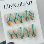 Free Style Blue & Nude Almond Press On Nails, Custom Handpainted Fake Nails, Short Nails for Birthday Party - Image 3