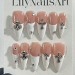 White French Tip with Silver Cross Short Coffin Press on Nail, Custom Acrylic Fake/False Nail, Glue on Nail, Gel Nail Art, Gift For Her/BFF