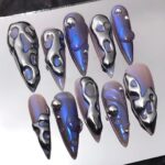 Custom Long Stiletto Metallic Silver Press On Nails - Free-Style Goth, Gothic, Emo Inspired Nails for Birthday, Holday, Party, Event